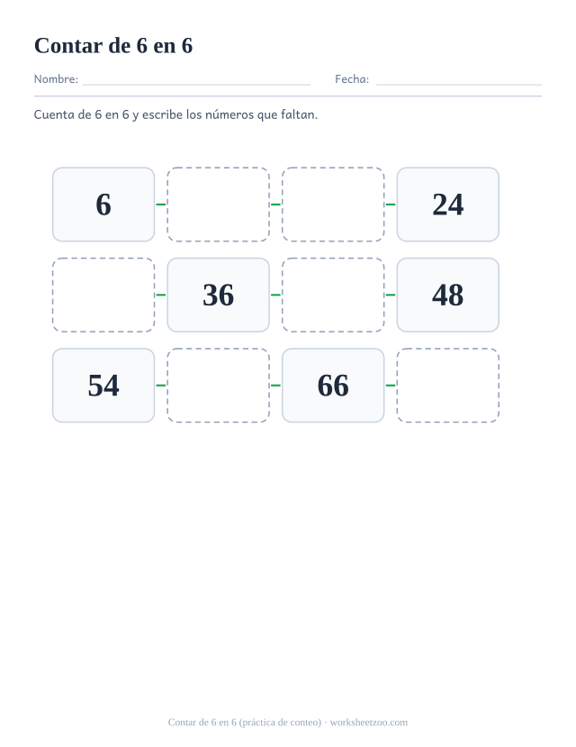 Ficha de conteo salteado, cuenta de 6 en 6 hasta 72 y escribe los números que faltan en la cadena