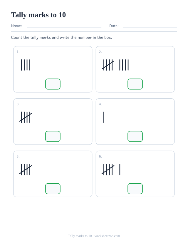 Tally marks counting worksheet, count the five-bar tally marks in each box up to 10 and write the number