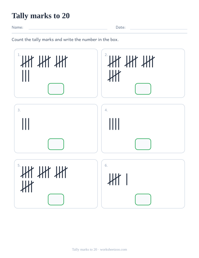 Tally marks counting worksheet, count the five-bar tally marks in each box up to 20 and write the number