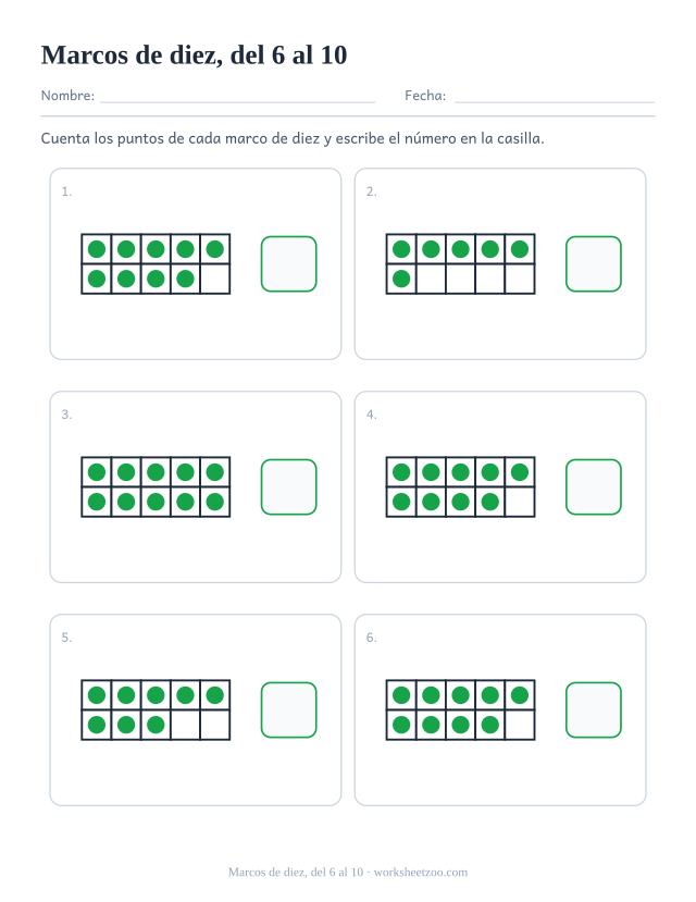 Ficha para contar con marcos de diez, seis marcos de diez más llenos, con seis a diez puntos, cuenta los puntos y escribe el número
