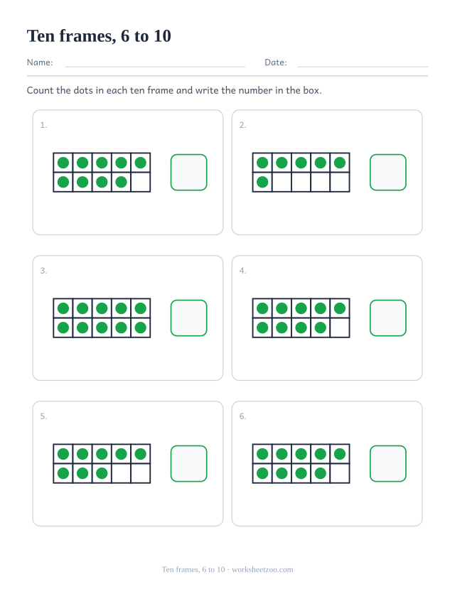 Ten frame counting worksheet with six fuller ten frames holding six to ten dots, count the dots and write the number