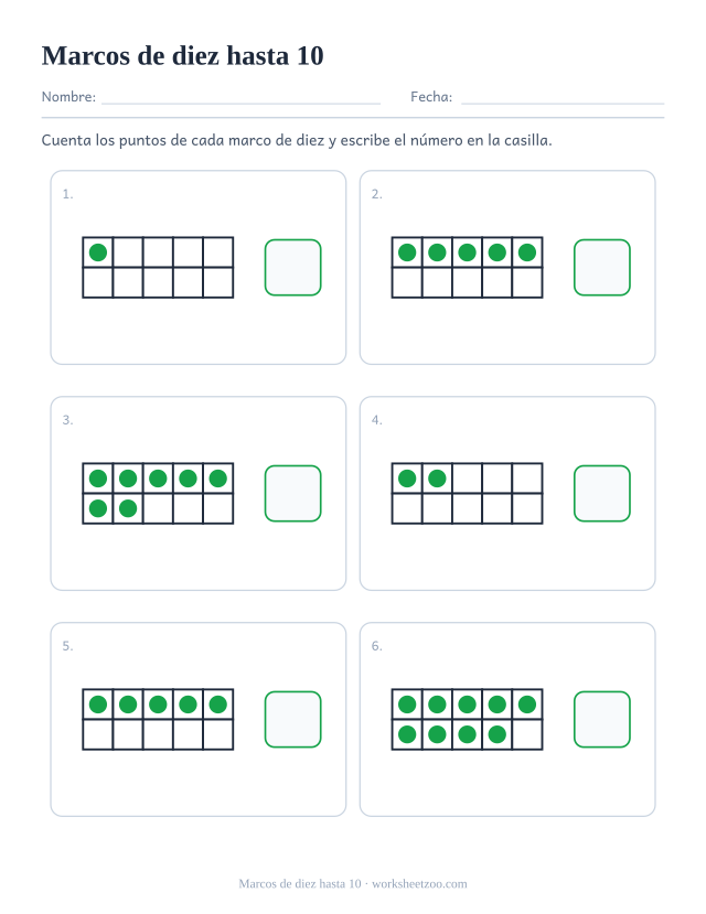 Ficha para contar con marcos de diez, seis marcos de diez con cualquier cantidad de puntos del uno al diez, cuenta los puntos y escribe el número