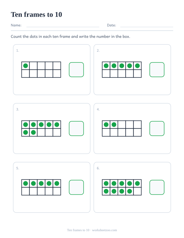 Ten frame counting worksheet with six ten frames with any number of dots from one to ten, count the dots and write the number