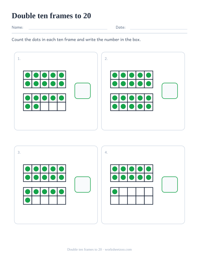 Ten frame counting worksheet with four double ten frames for the numbers eleven to twenty, count the dots and write the number