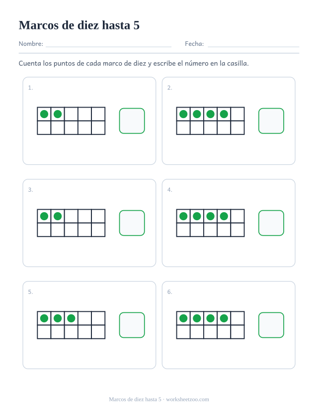 Ficha para contar con marcos de diez, seis marcos de diez con uno a cinco puntos, cuenta los puntos y escribe el número