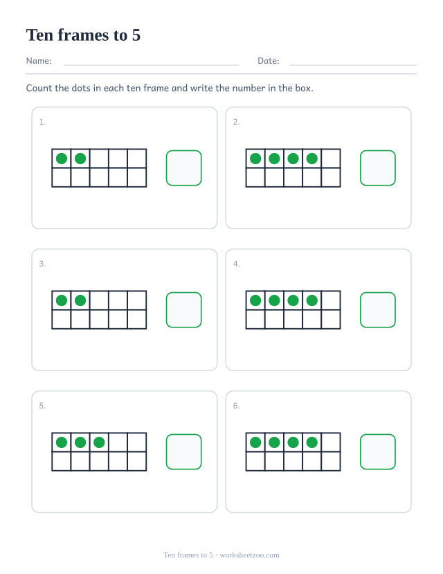 Ten frame counting worksheet with six ten frames holding one to five dots, count the dots and write the number