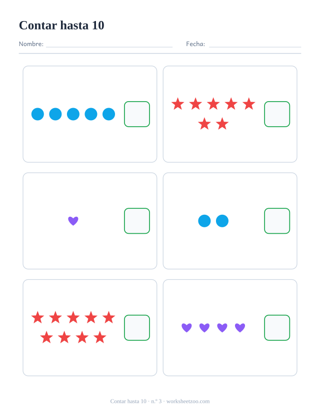 Ficha para contar, cuenta los círculos, estrellas y corazones de cada recuadro y escribe el número, hasta 10