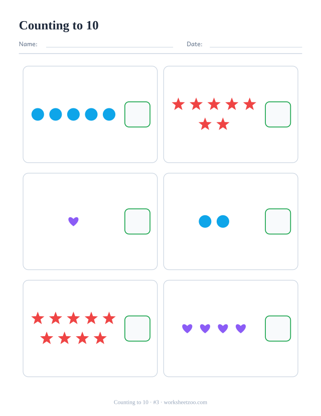 Counting worksheet, count the circles, stars and hearts in each box and write the number, up to 10