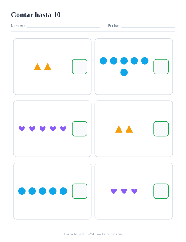 Ficha para contar, cuenta los triángulos, círculos y corazones de cada recuadro y escribe el número, hasta 10