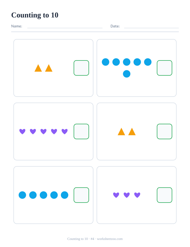 Counting worksheet, count the triangles, circles and hearts in each box and write the number, up to 10