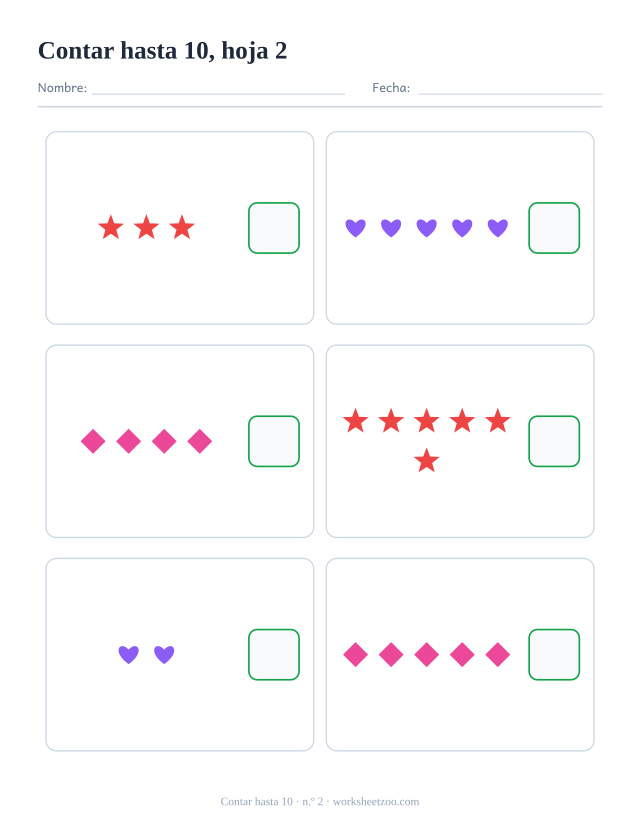 Ficha para contar: cuenta los estrellas, corazones y rombos de cada recuadro y escribe el número, hasta 10