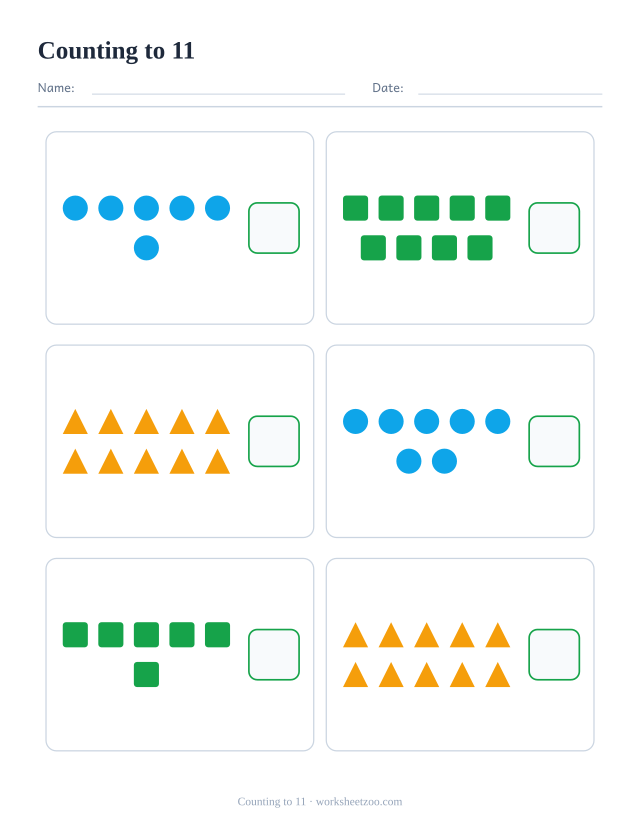 Counting worksheet to 11, count the circles, squares and triangles in each of the six boxes and write how many