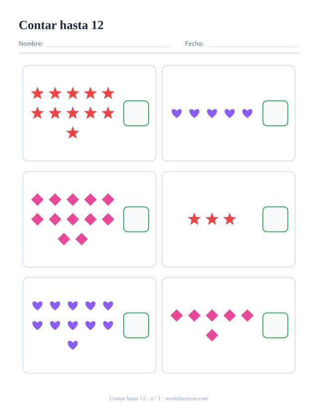 Ficha para contar, cuenta los estrellas, corazones y rombos de cada recuadro y escribe el número, hasta 12