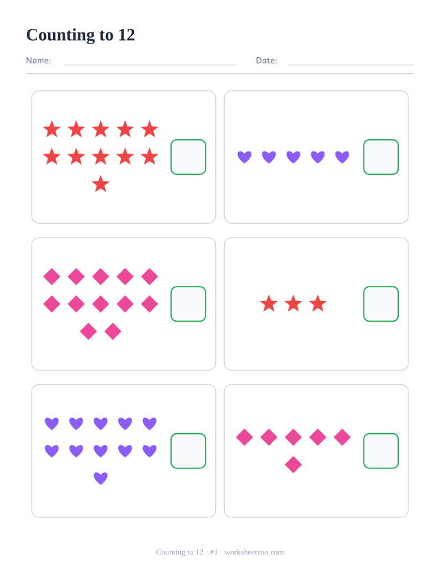 Counting worksheet, count the stars, hearts and diamonds in each box and write the number, up to 12