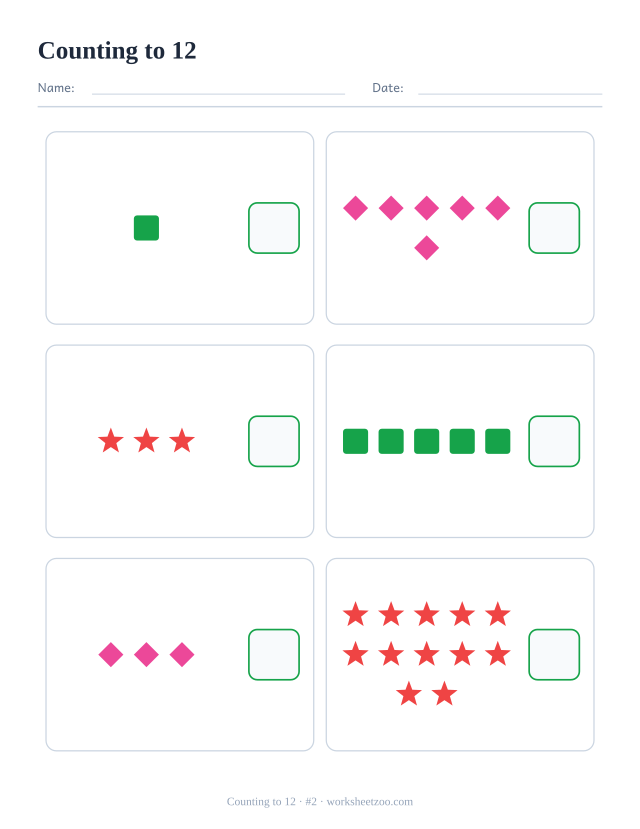 Counting worksheet, count the squares, diamonds and stars in each box and write the number, up to 12