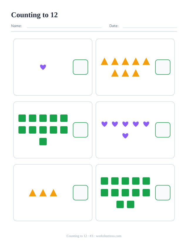 Counting worksheet, count the hearts, triangles and squares in each box and write the number, up to 12