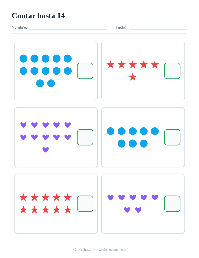 Ficha para contar hasta 14, cuenta los círculos, estrellas y corazones de cada uno de los seis recuadros y escribe cuántos hay