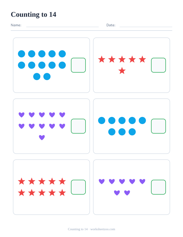Counting worksheet to 14, count the circles, stars and hearts in each of the six boxes and write how many