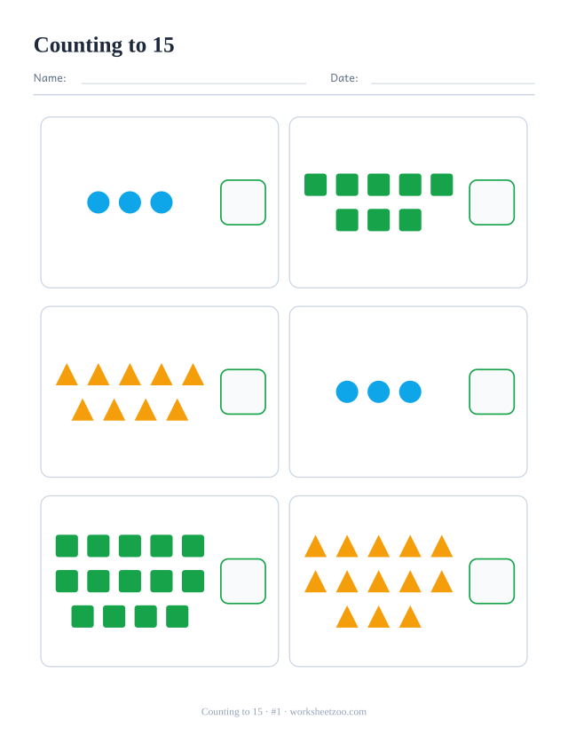 Counting worksheet, count the circles, squares and triangles in each box and write the number, up to 15