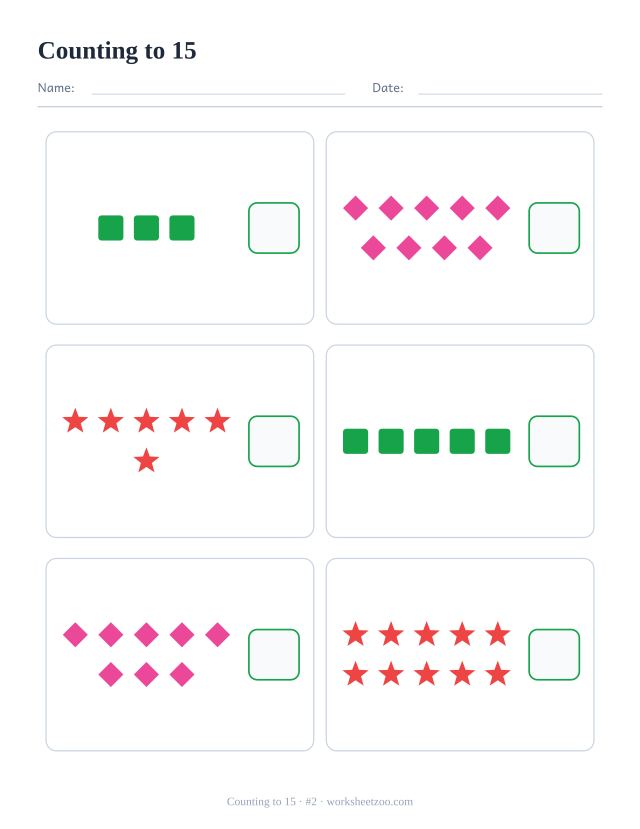 Counting worksheet, count the squares, diamonds and stars in each box and write the number, up to 15
