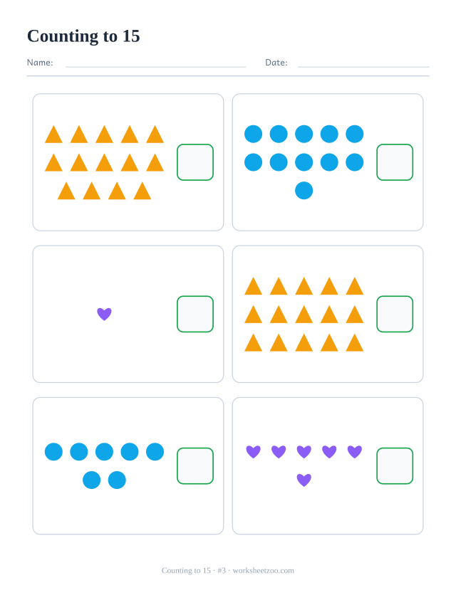 Counting worksheet, count the triangles, circles and hearts in each box and write the number, up to 15
