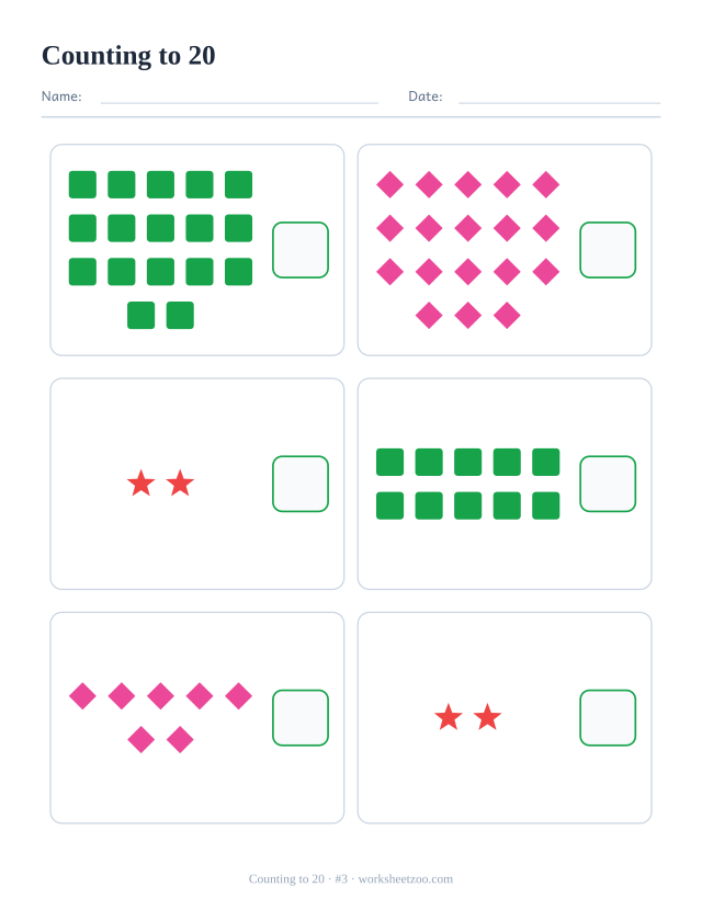 Counting worksheet, count the squares, diamonds and stars in each box and write the number, up to 20