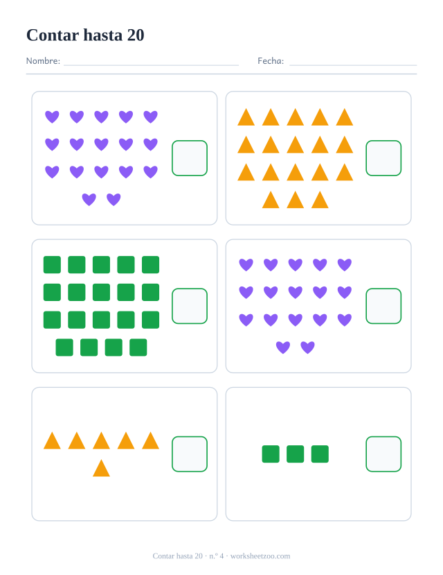 Ficha para contar, cuenta los corazones, triángulos y cuadrados de cada recuadro y escribe el número, hasta 20
