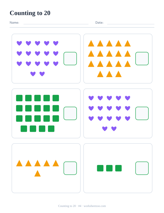 Counting worksheet, count the hearts, triangles and squares in each box and write the number, up to 20