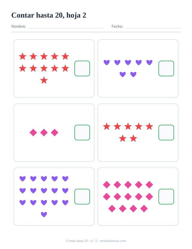 Ficha para contar: cuenta los estrellas, corazones y rombos de cada recuadro y escribe el número, hasta 20