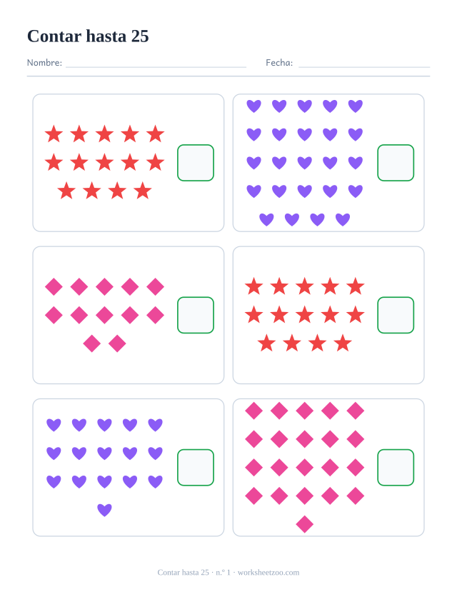 Ficha para contar, cuenta los estrellas, corazones y rombos de cada recuadro y escribe el número, hasta 25