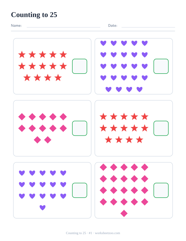 Counting worksheet, count the stars, hearts and diamonds in each box and write the number, up to 25