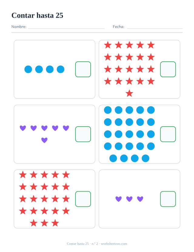 Ficha para contar, cuenta los círculos, estrellas y corazones de cada recuadro y escribe el número, hasta 25