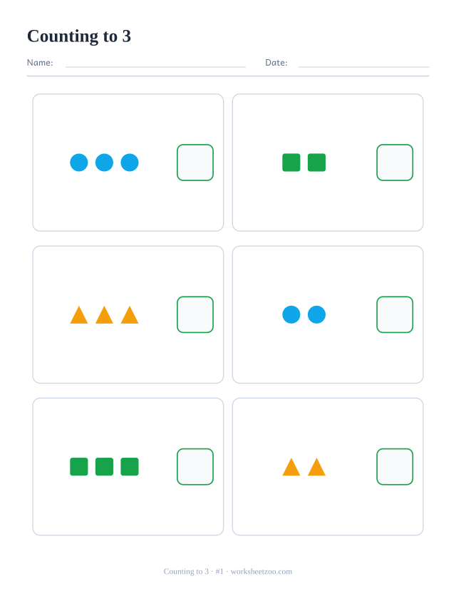 Counting worksheet, count the circles, squares and triangles in each box and write the number, up to 3