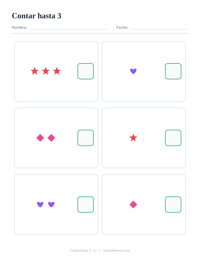 Ficha para contar, cuenta los estrellas, corazones y rombos de cada recuadro y escribe el número, hasta 3