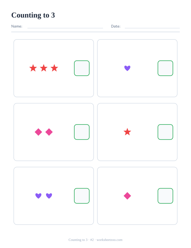 Counting worksheet, count the stars, hearts and diamonds in each box and write the number, up to 3