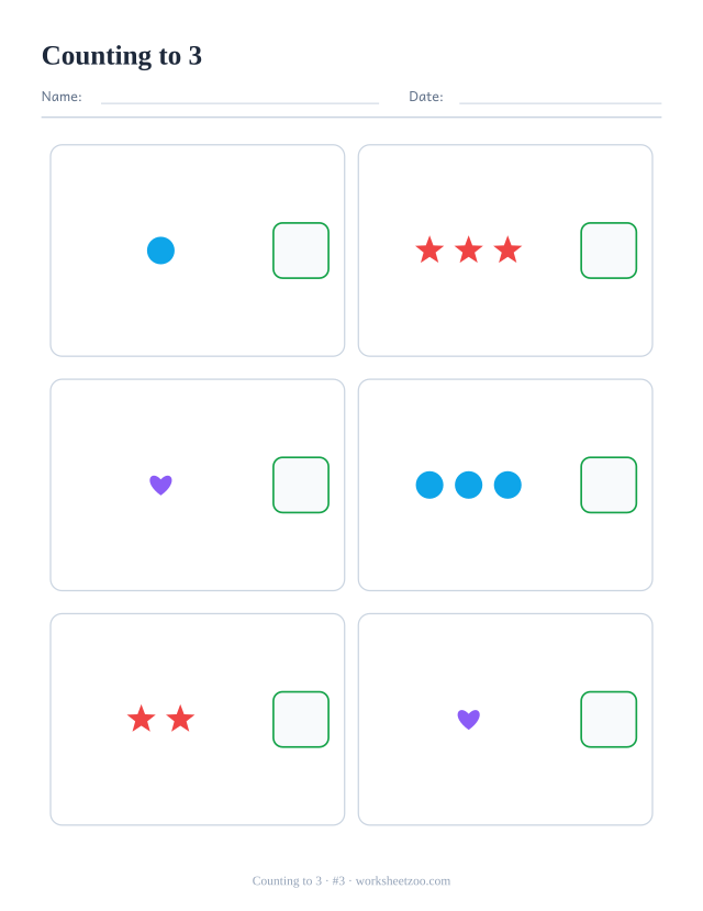 Counting worksheet, count the circles, stars and hearts in each box and write the number, up to 3