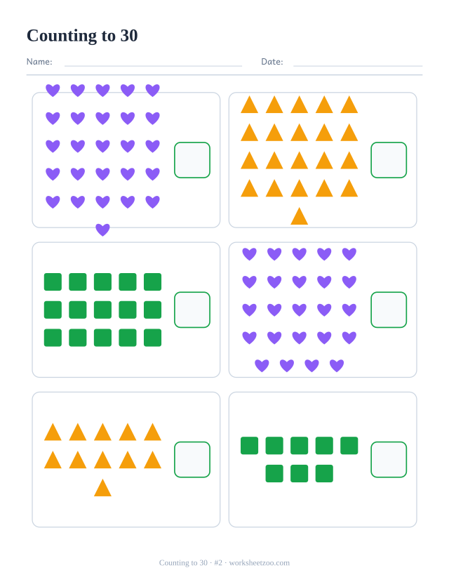 Counting worksheet, count the hearts, triangles and squares in each box and write the number, up to 30