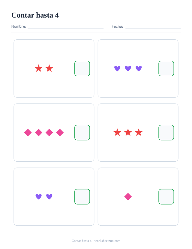 Ficha para contar hasta 4, cuenta los estrellas, corazones y rombos de cada uno de los seis recuadros y escribe cuántos hay