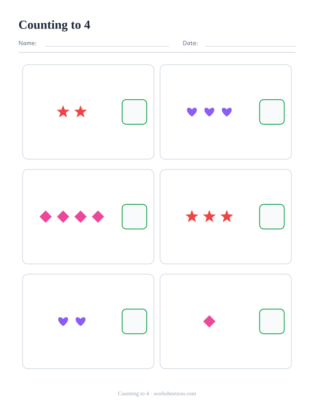 Counting worksheet to 4, count the stars, hearts and diamonds in each of the six boxes and write how many