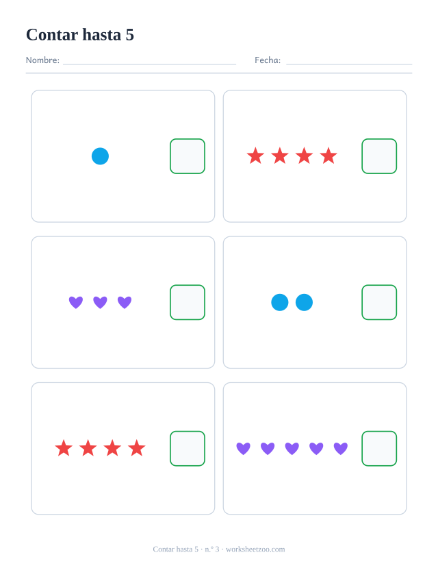 Ficha para contar, cuenta los círculos, estrellas y corazones de cada recuadro y escribe el número, hasta 5