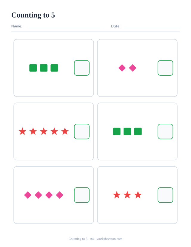 Counting worksheet, count the squares, diamonds and stars in each box and write the number, up to 5