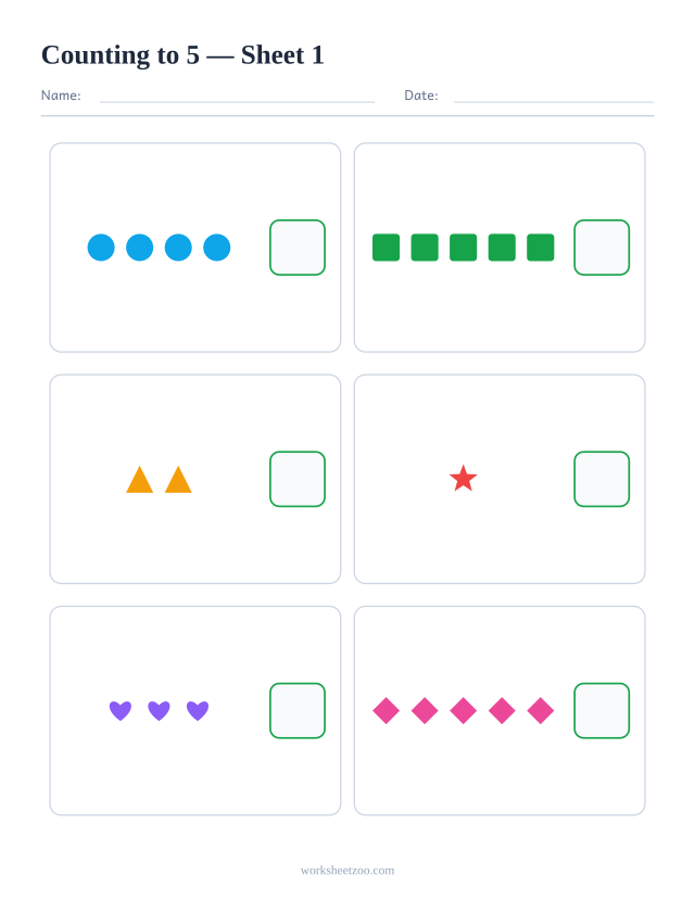 Counting worksheet — count the shapes in each box and write the number, up to 5
