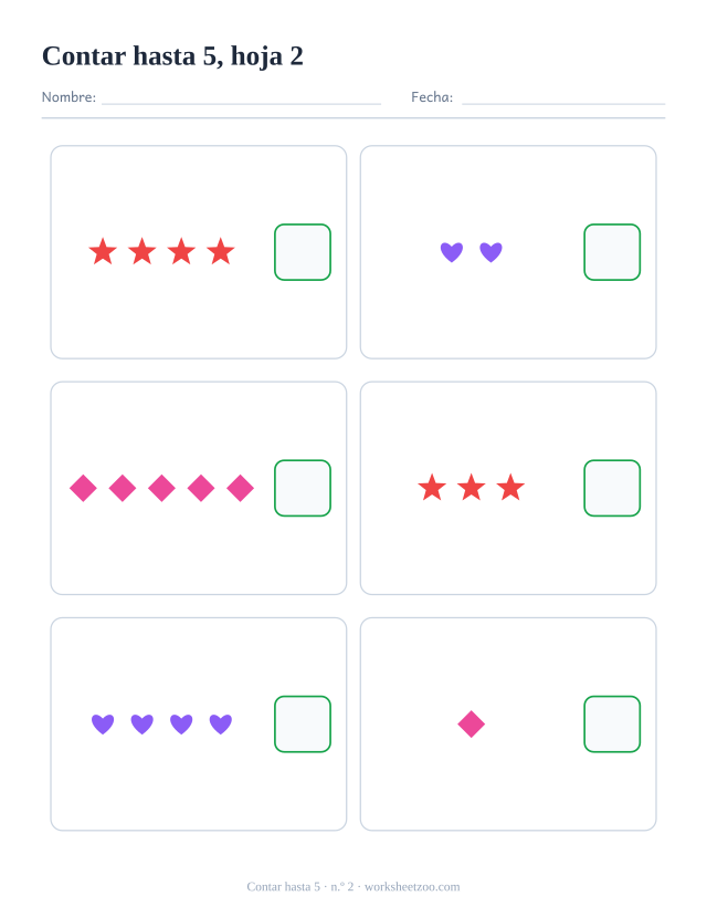 Ficha para contar: cuenta los estrellas, corazones y rombos de cada recuadro y escribe el número, hasta 5