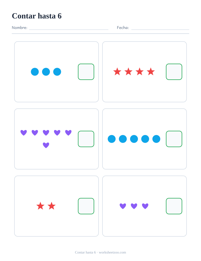 Ficha para contar hasta 6, cuenta los círculos, estrellas y corazones de cada uno de los seis recuadros y escribe cuántos hay