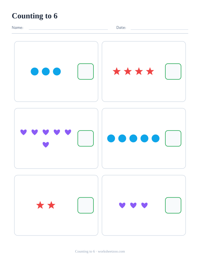 Counting worksheet to 6, count the circles, stars and hearts in each of the six boxes and write how many