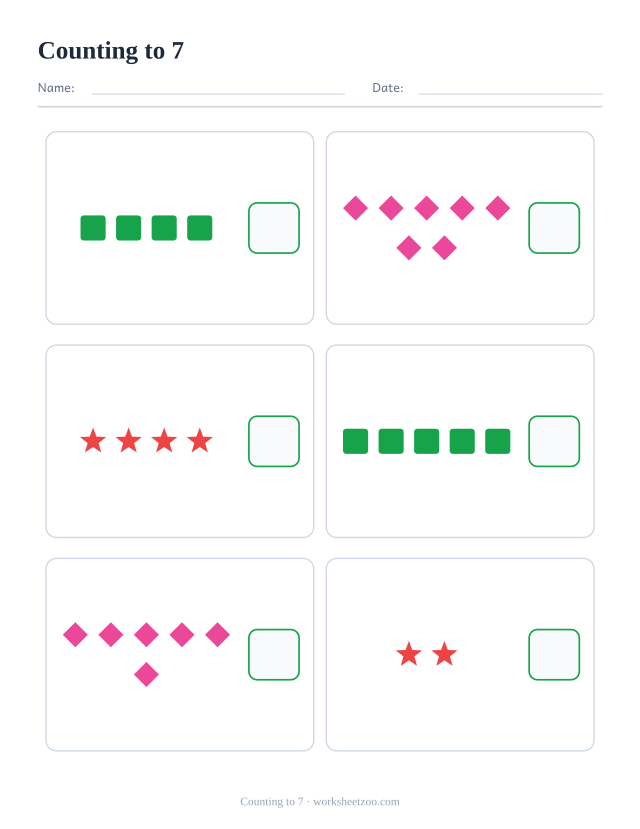 Counting worksheet to 7, count the squares, diamonds and stars in each of the six boxes and write how many
