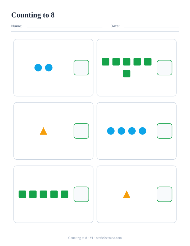 Counting worksheet, count the circles, squares and triangles in each box and write the number, up to 8