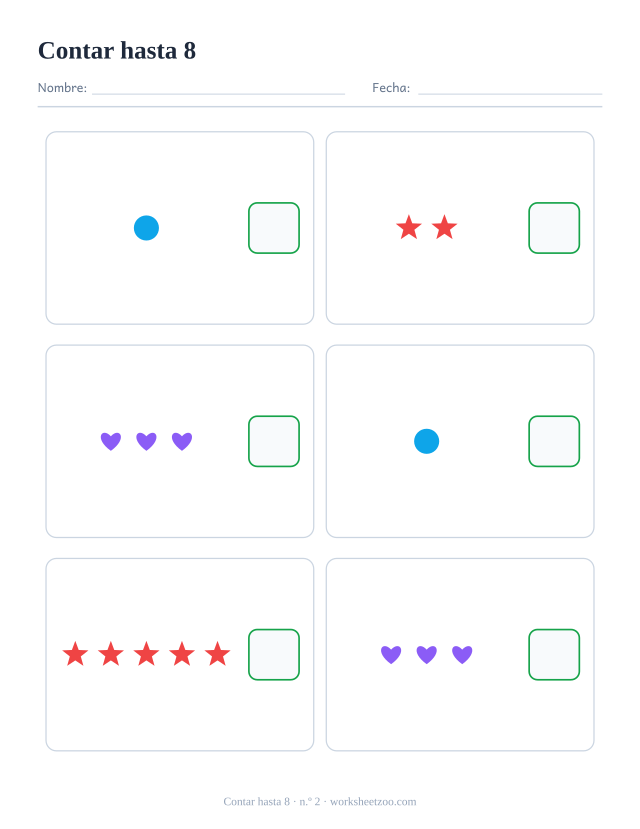 Ficha para contar, cuenta los círculos, estrellas y corazones de cada recuadro y escribe el número, hasta 8