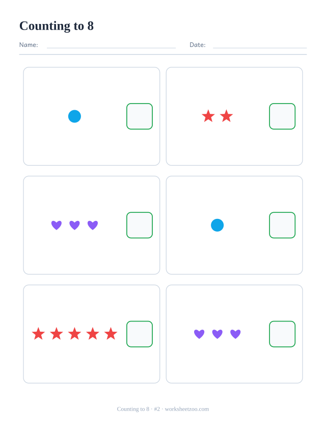 Counting worksheet, count the circles, stars and hearts in each box and write the number, up to 8