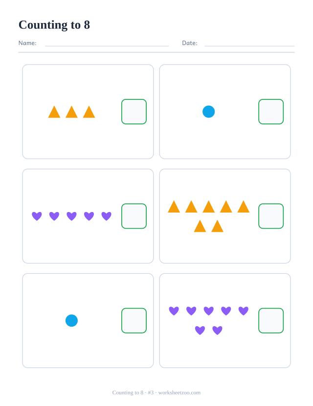 Counting worksheet, count the triangles, circles and hearts in each box and write the number, up to 8